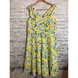 Dressbarn Midi Dress Women 16W Yellow Floral Summery Fit & Flare Sequin Romantic